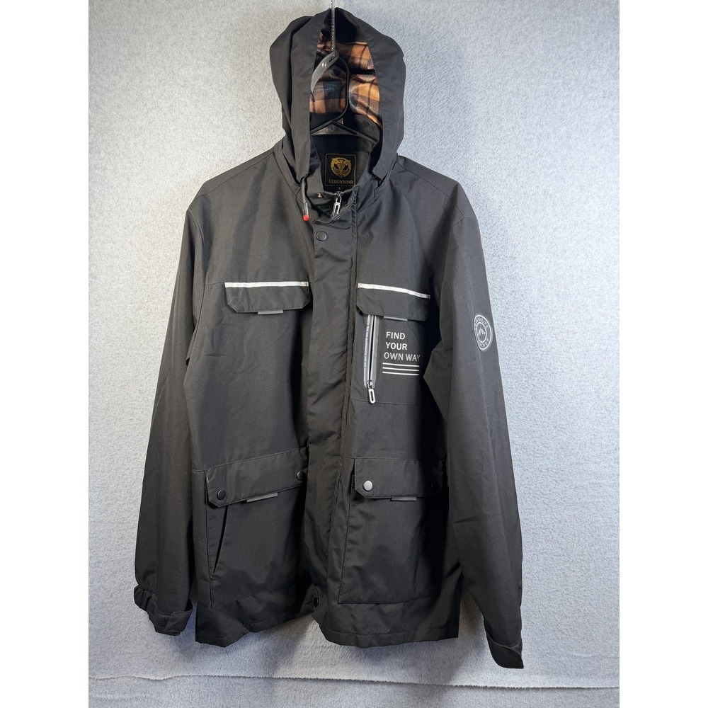 LEDUNTINO Jacket Mens Large Black Hooded Anorak Reflective Pockets Outdoor